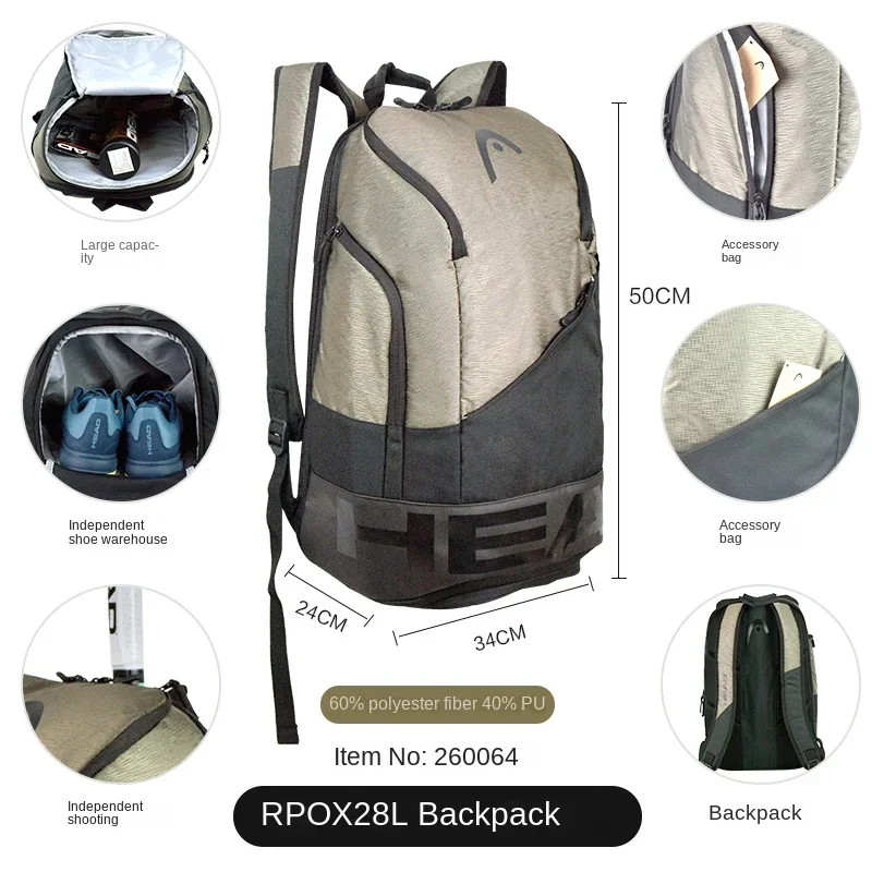 HEAD Tennis Racket Bag Large Capacity Backpack Racket Sports Bags Travel Bag Badmintor Tennis Racket Bag WithShoe Compartment
