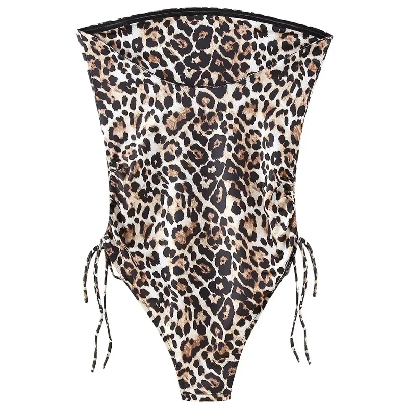 TRAF Bodysuit Women Summer 2024 Animal Print Swimsuit Off Shoulder Sleeveless Backless Tied Belt Swimsuit Sexy Lady Most Sold