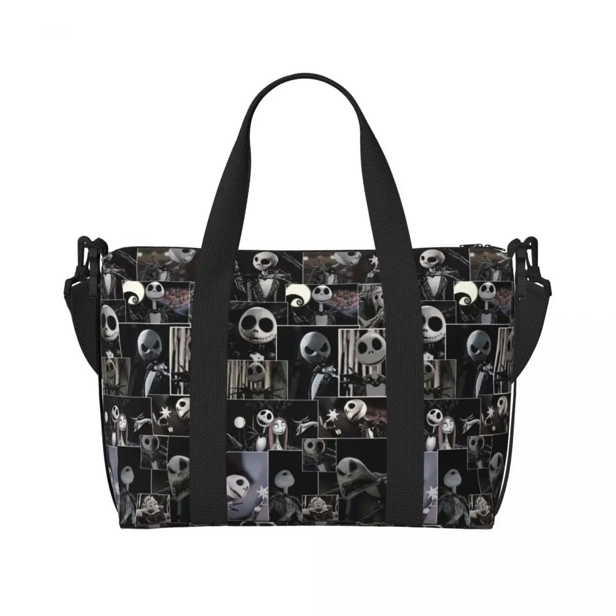 

Custom Jack S-Skellingtones Tote Bag Women Large Capacity Nightmare Before Christmas Gym Beach Shoulder Travel Bag
