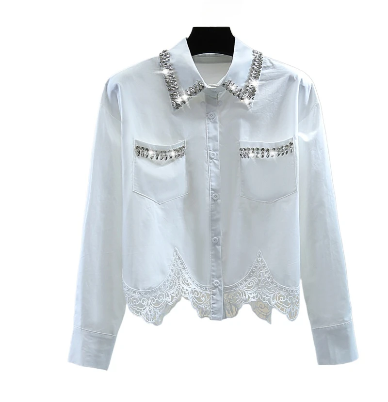 Heavy Industry Diamond-encrusted Shirt Ladies Hollow Lace Wavy Edge Splicing Blouse 2025 Spring Long-sleeved Top White Blusas