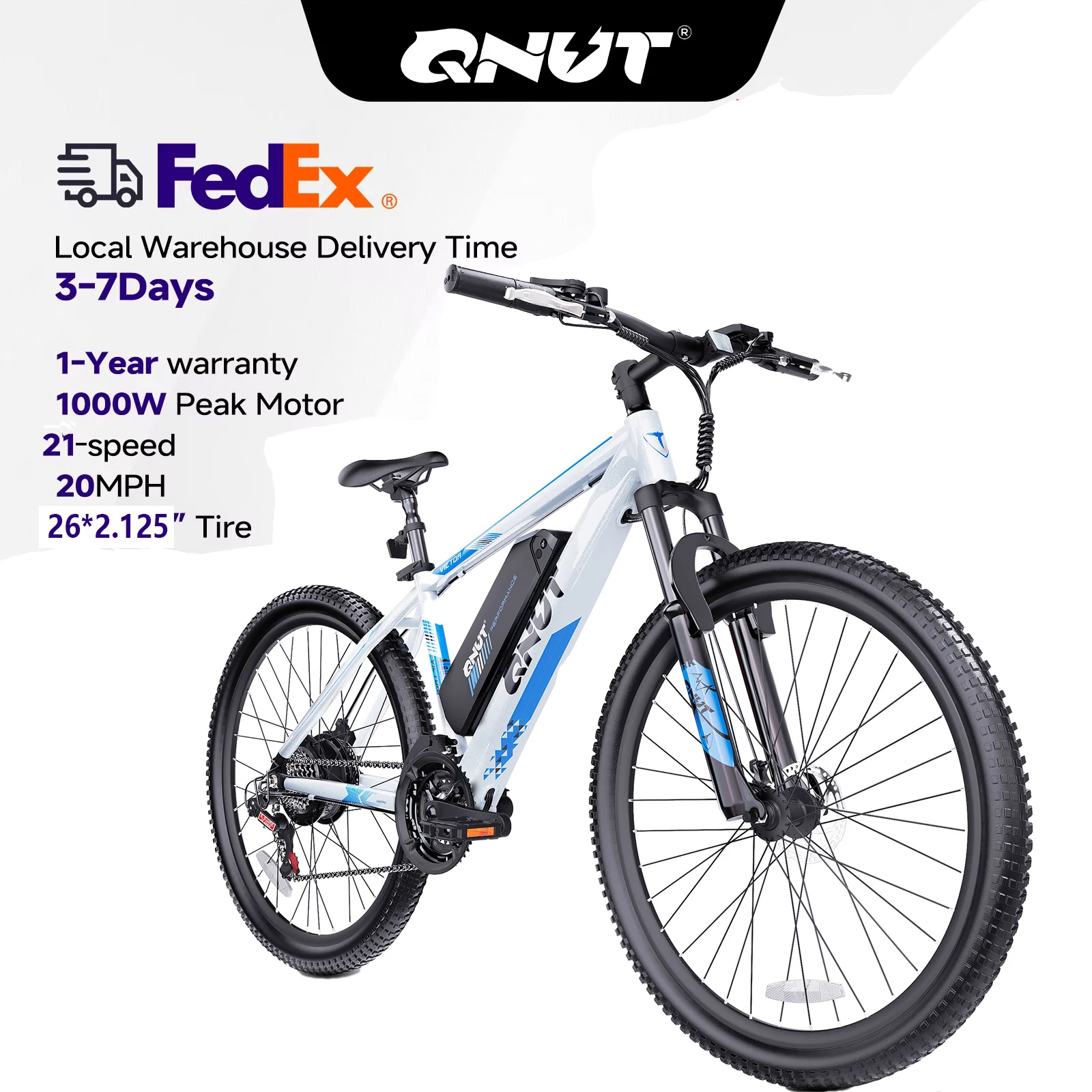 QNUT Victor Electric Bike Adults Electric Bicycle Peak 1000W 36V 7.8AH&10.4AH e bike 26" Fat Tire Mountain Bike 20mph Electric Dirt Bike