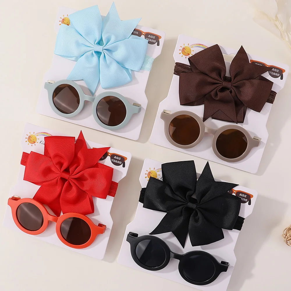 2Pcs/Set Newborn Solid Color Bows Headbands Baby Cute Seaside Sunglasses For Boys Girls Fashion Kids Headwear Hair Accessories