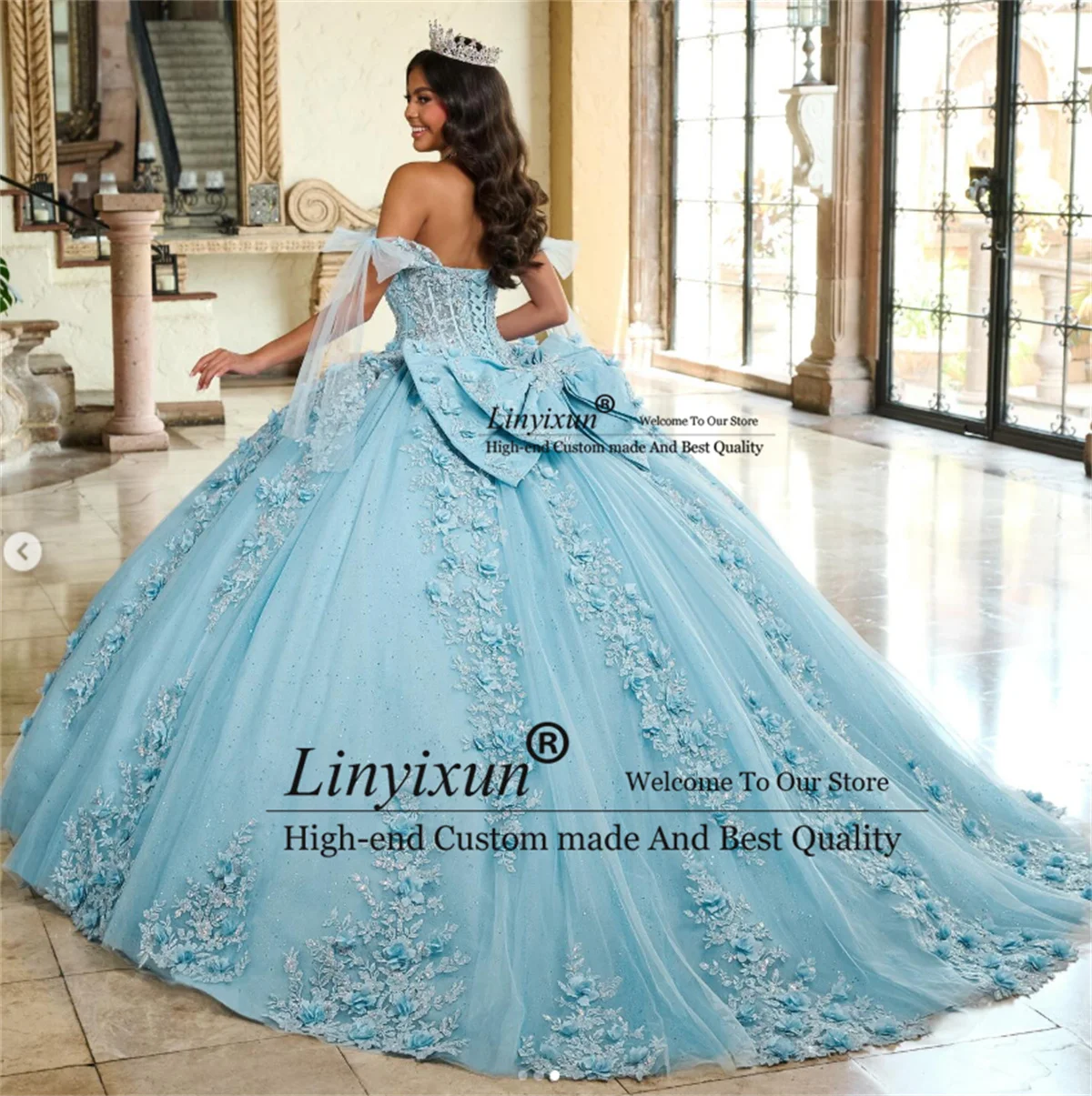 

Princess Ball Gown Sequin Applique Lace Quinceanera Dresses Mexican Customized Sweet 16 Gowns Off Shoulder Vestido De 15 Anos