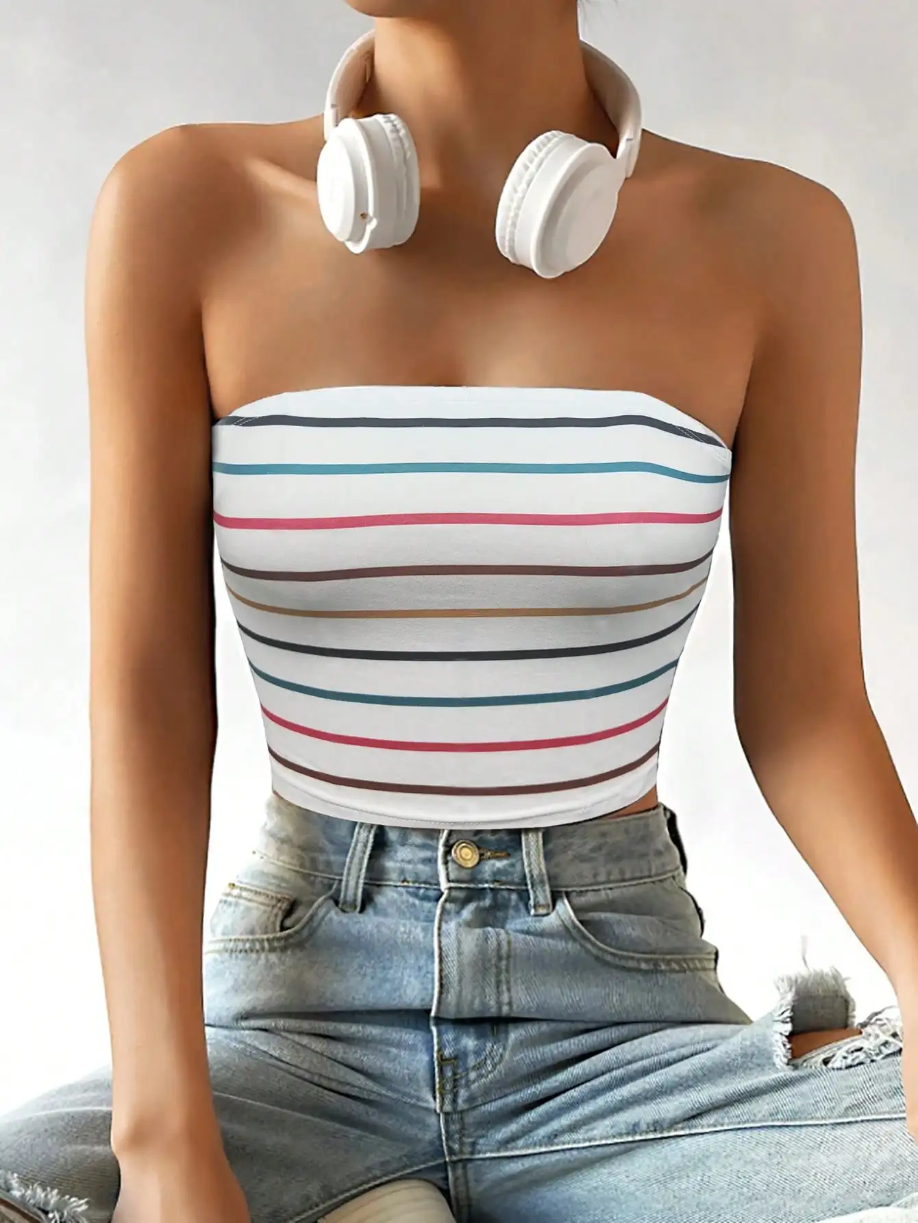 Women's Colorful Stripe Strapless Crop Tube Top, Slim Elastic Bandeau, Summer Versatile Y2K Layering Camisole For Ladies Daily