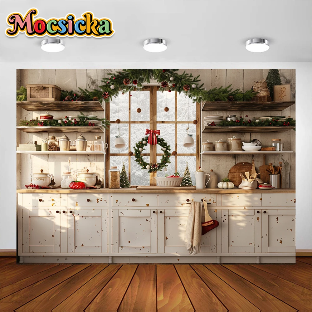 Christmas Kitchen Photography Background Garland Cabinet Xmas Tree Party Decoration Supplies Family Portrait Studio Props