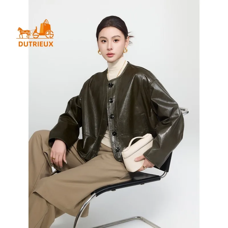 Giacca da donna in vera pelle con collo rotondo corto autunno inverno double face, vera pelle di pecora al 100%, cappotto elegante alla moda per donna