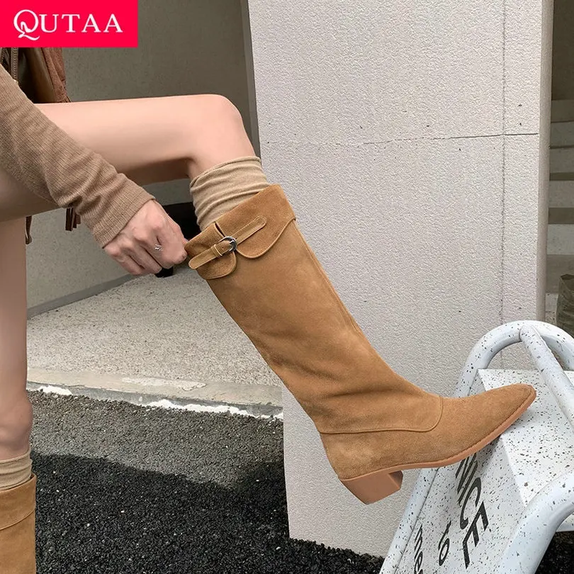 

QUTAA 2025 News Women Knee High Boots Western Cowboy Cow Leather Chunky Heels Fashion Woman Winter Long Shoes Size 34-39