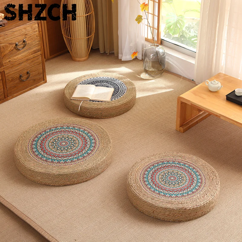 Woven Straw Meditation Cushion Traditional Floor Cushion for Yoga or Prayer Eco-Friendly Tatami Seat Thickened Kneeling Mat