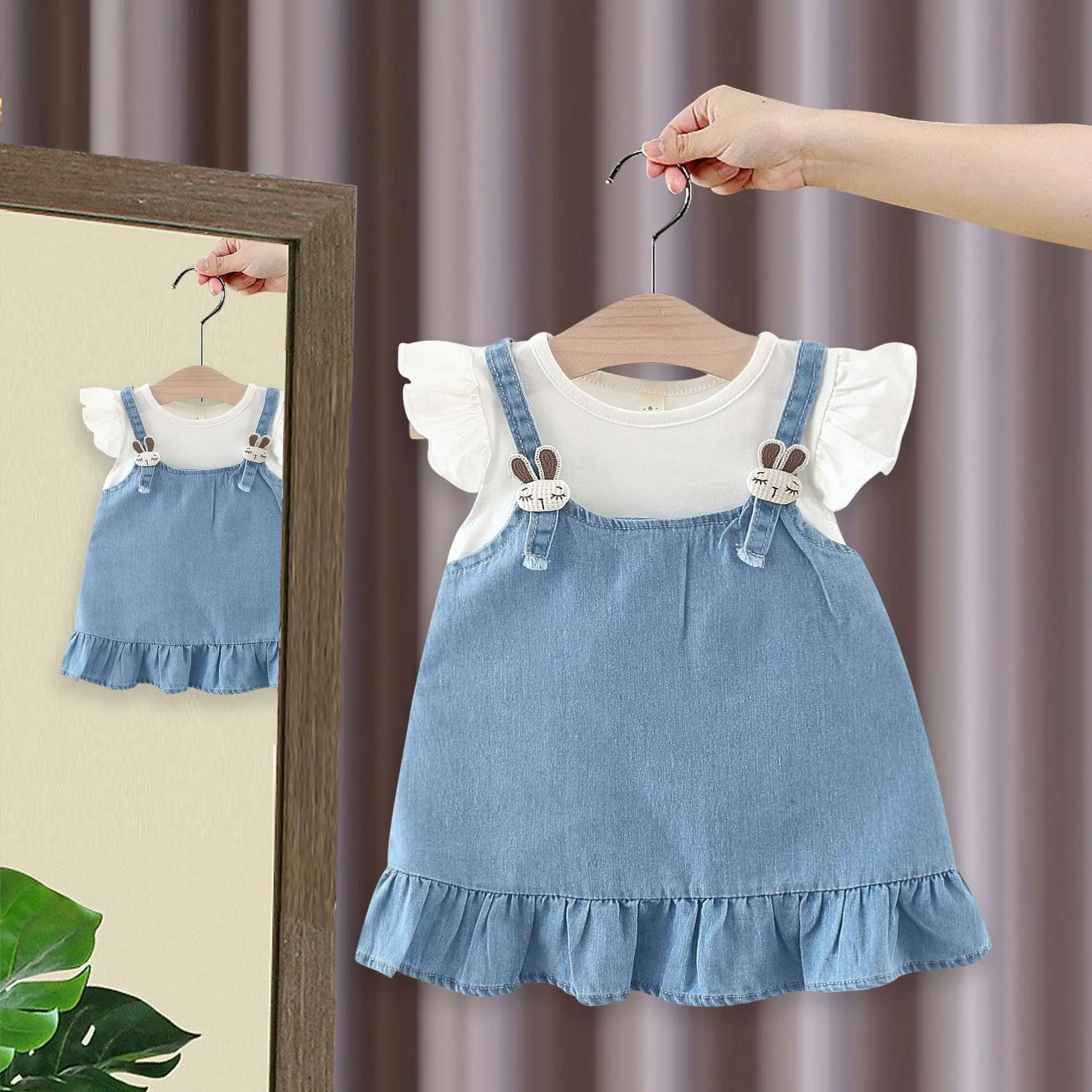 

Summer newborn baby girl clothes fly sleeves denim dress costume for girls baby's clothing 1st birthday princess party dress