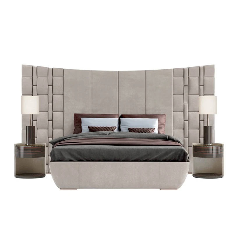 High quality modern double bed luxury Italian bedroom furniture high headboard beige fabric latest designer leather bed