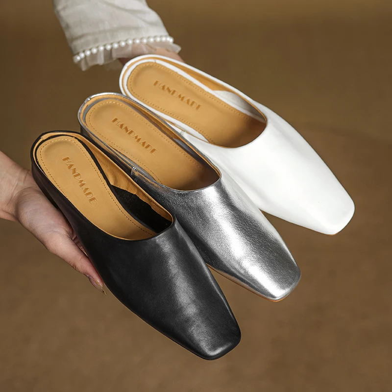 2026 new summer women sandals natural leather 22-25cm cowhide+pigskin full leather square toe low heel women mules shoes fashion