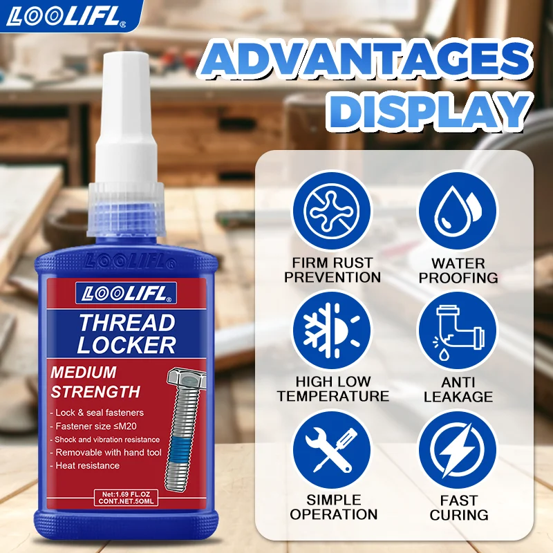 LOOLIFL, 10 ml-50 ml, blau, mittlere Festigkeit, abnehmbarer Schraubensicherung, ölbeständig, rostfrei, Gewindeschraubbefestigungskleber, universeller Metallbefestigungskleber