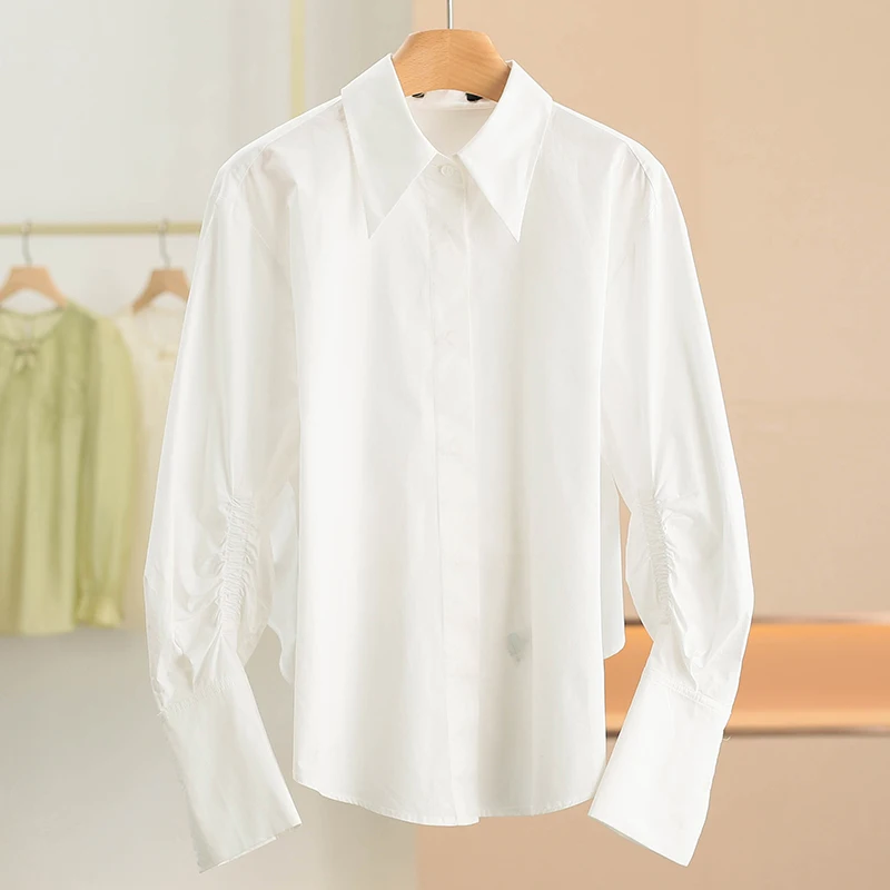 

Loose Fit Pure Color Shirt with Tie 100% Cotton Casual Style Long Sleeve Button up Women's Spring Fashion New Arrival