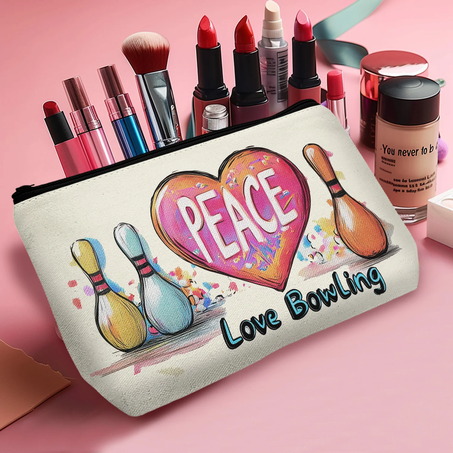 1Pc Bowling Lovers Gifts For Women Bowling Cosmetic Bag Peace Love Bowling Ball Gift Travel Makeup Bags 8.66X5.51Inch