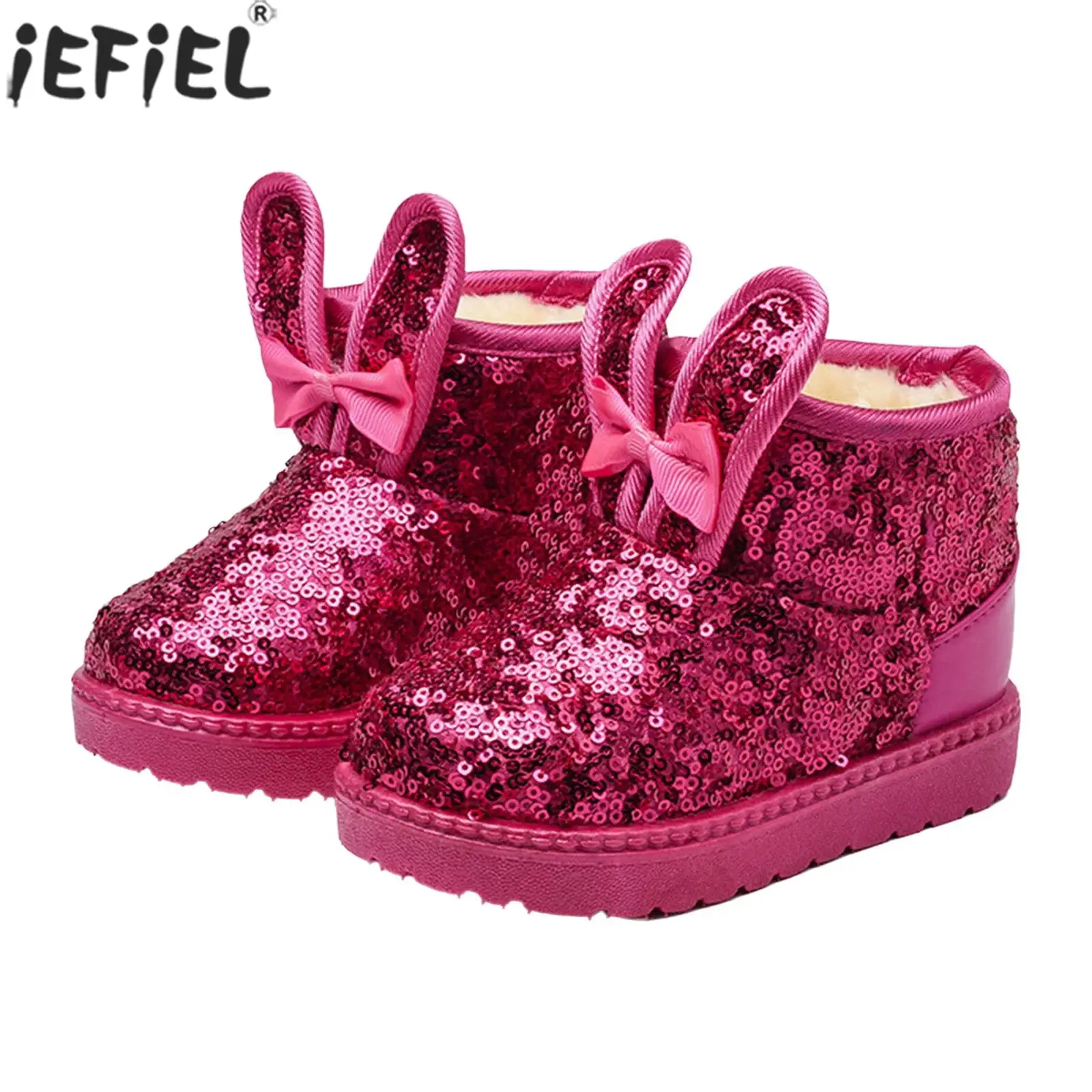 

Зимние теплые зимние сапоги для маленьких девочек, непромокаемая обувь на флисовой подкладке с милыми кроличьими ушками и бантом, блестками, нескользящая подошва, обувь для уличной одежды