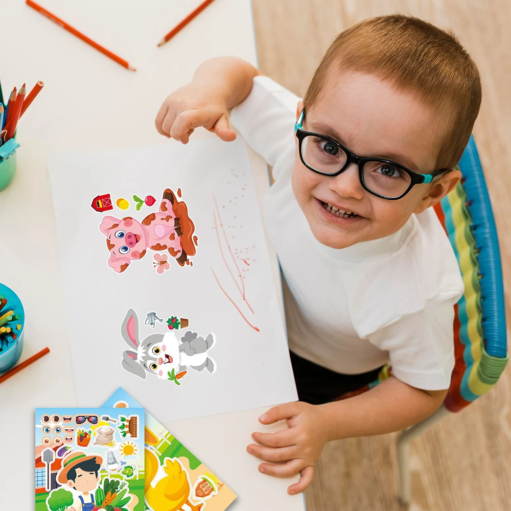 6/12 feuilles enfants bricolage animaux de ferme faire un visage Puzzle autocollants créer votre propre vache chien lapin assembler Puzzle décoration jouets