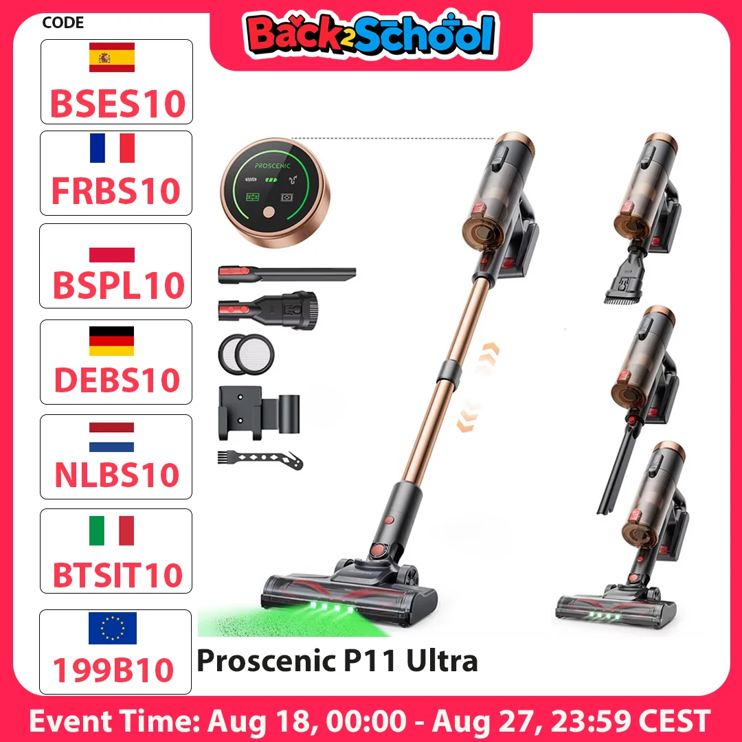 Aspirapolvere senza fili Proscenic P11 Ultra, potente aspirapolvere senza fili 40KPA 450W, LED GreenEye, spazzola anti-groviglio