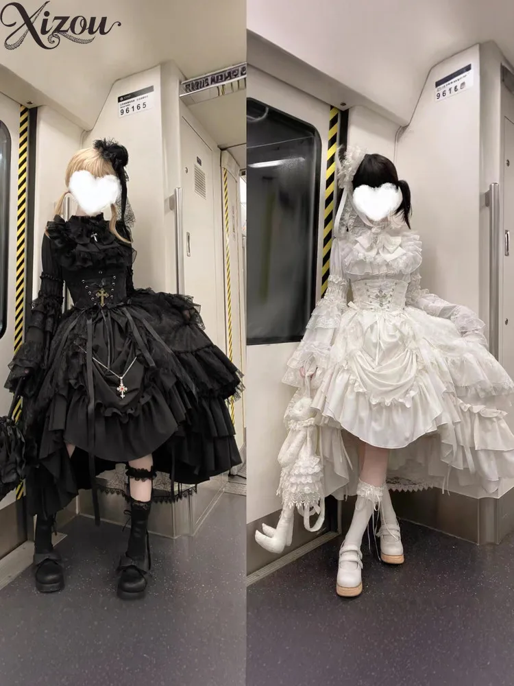 Women Gothic Lolita Gigot Sleeve Blouse Corset Waistcoat Drawstring Lift Skirt Two Tone Black White Twin Outfit Two Piece Set