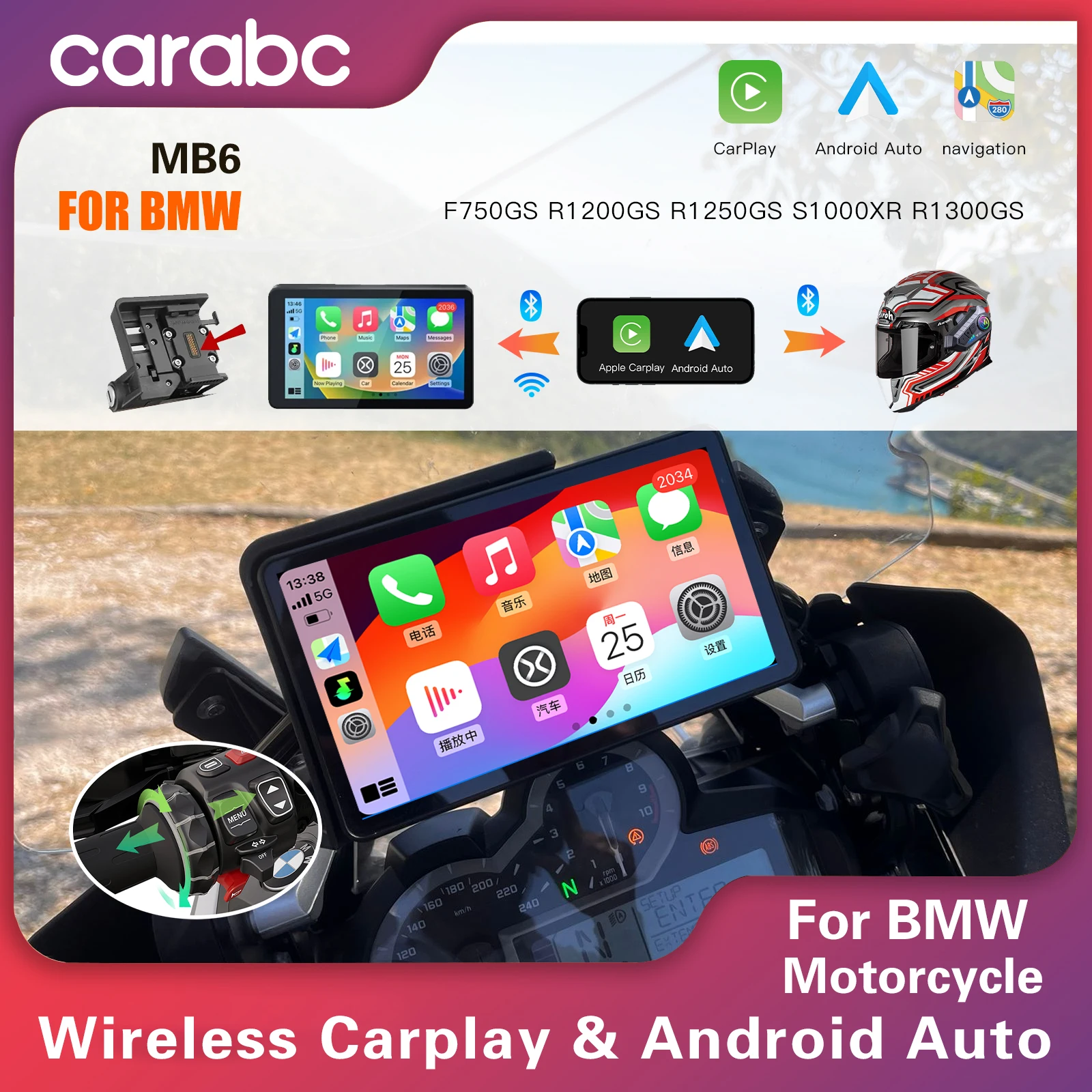 

6-дюймовый портативный мотоциклетный навигатор MB6, беспроводной CarPlay Android Auto для BMW F750GS XR M1000 R1200GS R1250GS S1000XR R1300GS