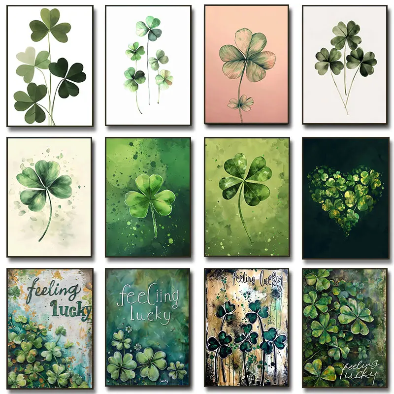 Lucky Clover Four Leaf Clover Green Poster Oil Painting Retro Graffiti Cartoon Fresh Canvas Painting Wall Art Room Home Decor