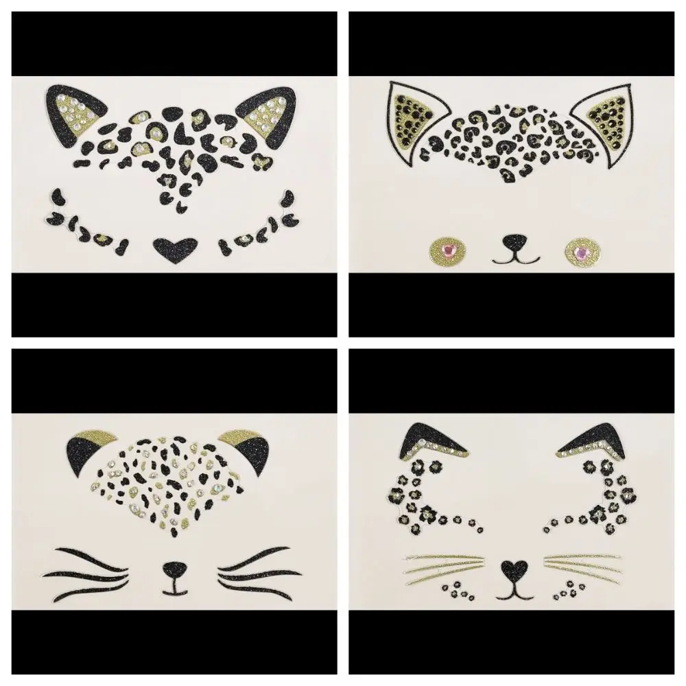 Acrylic Diamond Cat Face Tattoo Long Lasting Waterproof Fake Cat Face Stickers Professional Temporary Tattoo Stickers Men