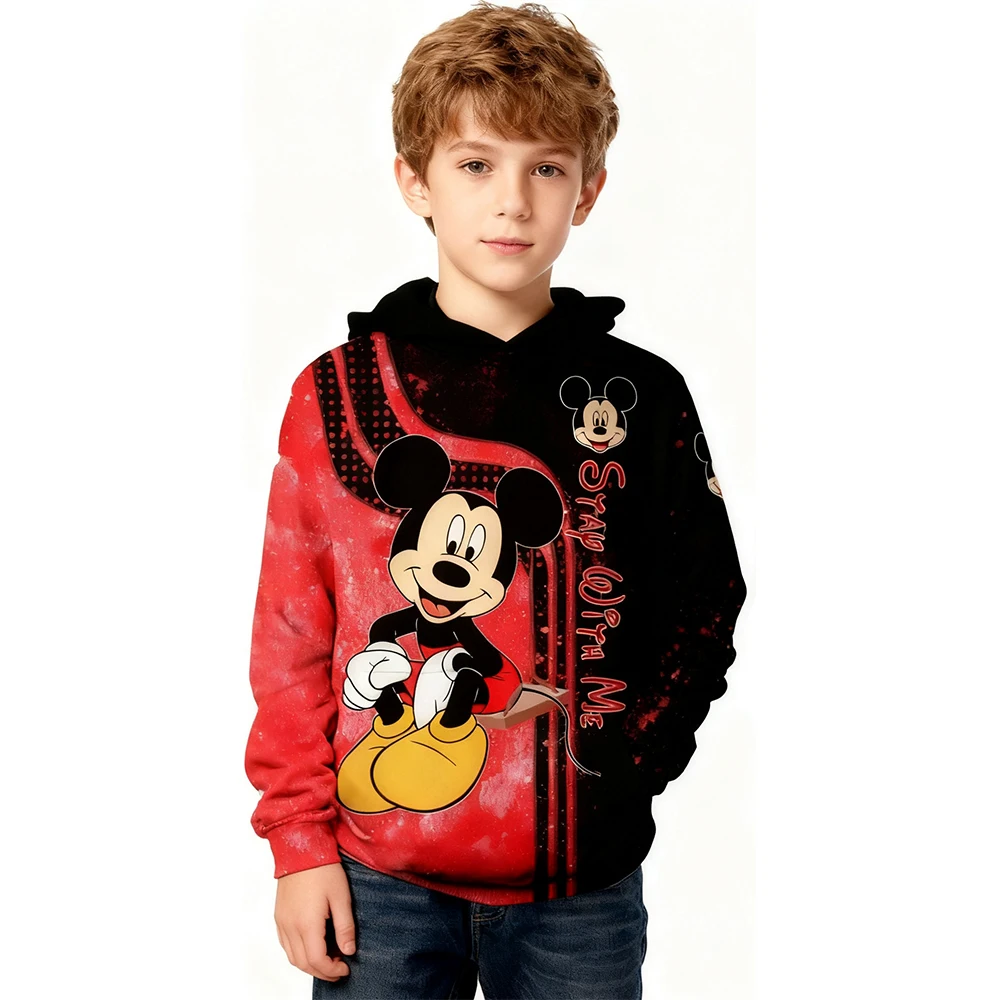 

Новогодний подарок, детский черный, розовый свитшот с Микки, новая осенне-зимняя толстовка с капюшоном, модный повседневный топ с мультяшным принтом для мальчиков и девочек