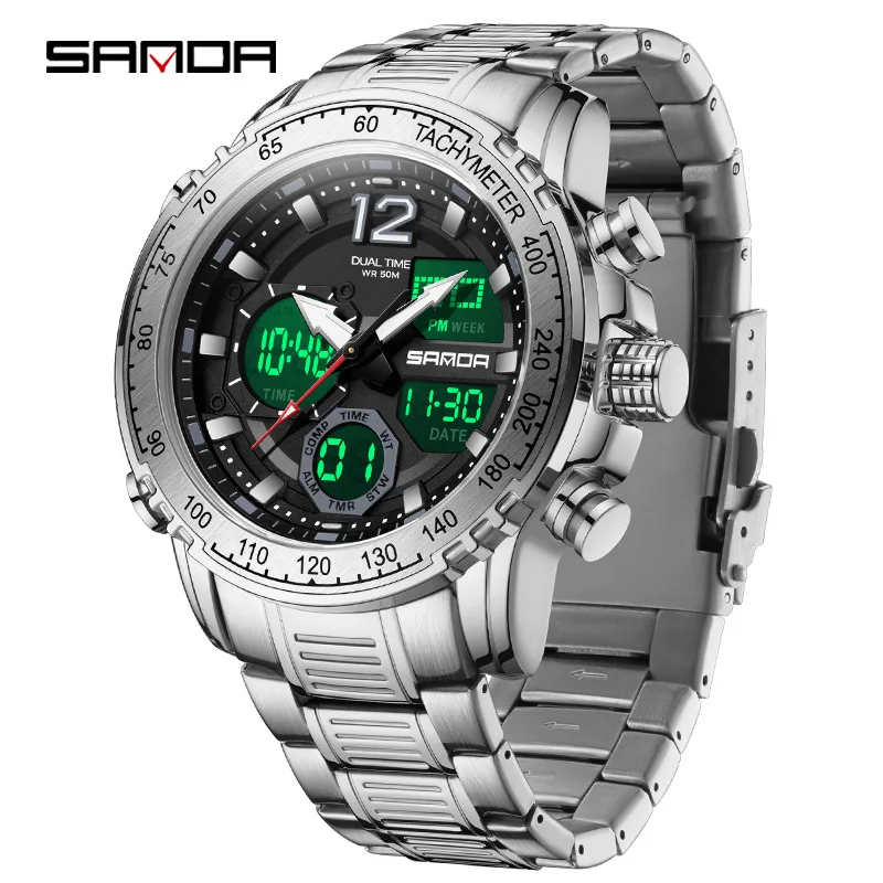 SANDA 6193 Men's Electronic Watch Steel Core Cool Multifunctional Alarm Clock Waterproof Wristwatch for Male Boy