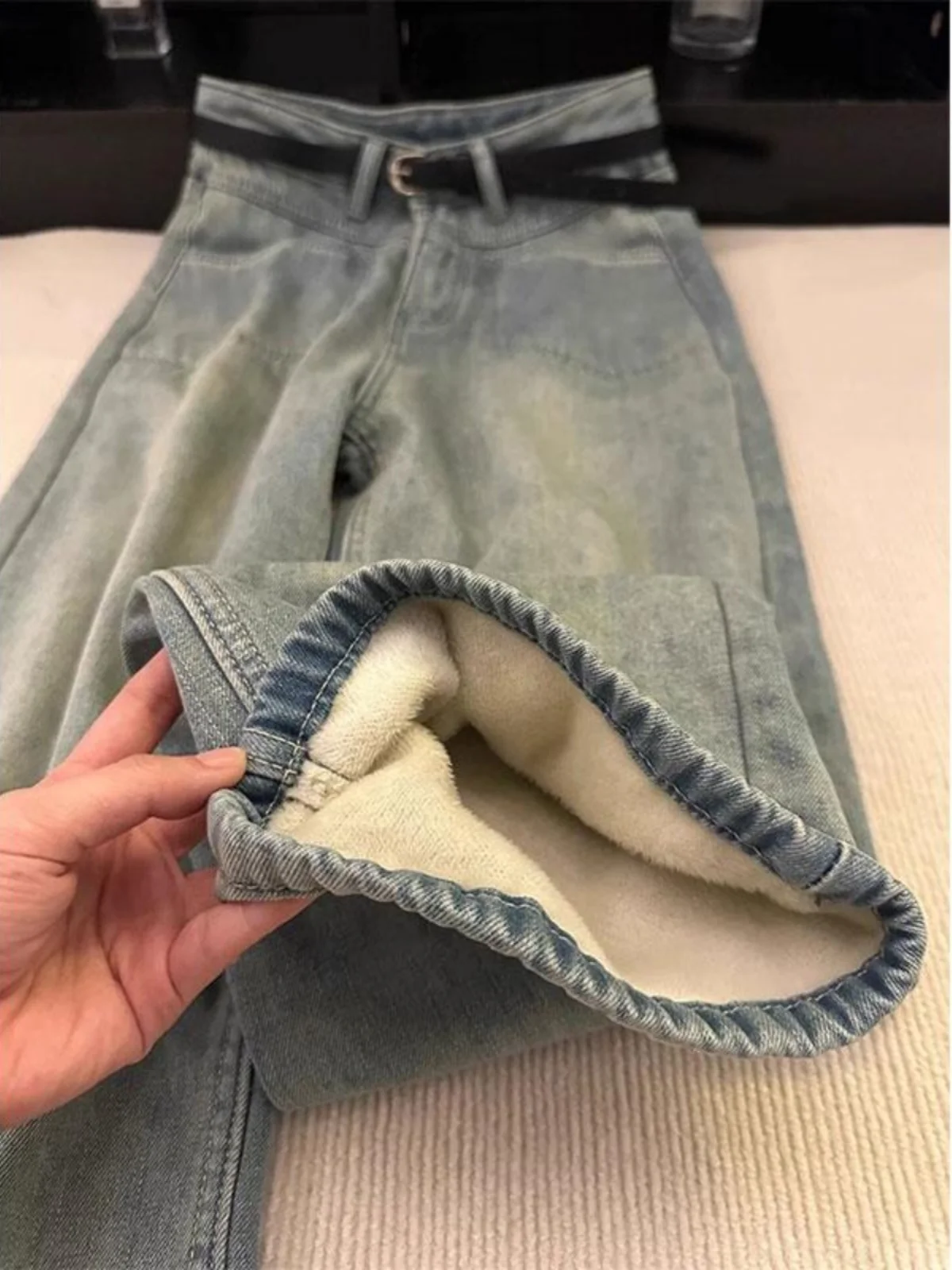 

Retro Faded Washed Wide Leg Denim Jeans Women's Autumn Winter Thickened Fleece High Waist Straight Long Pants Draping Effect