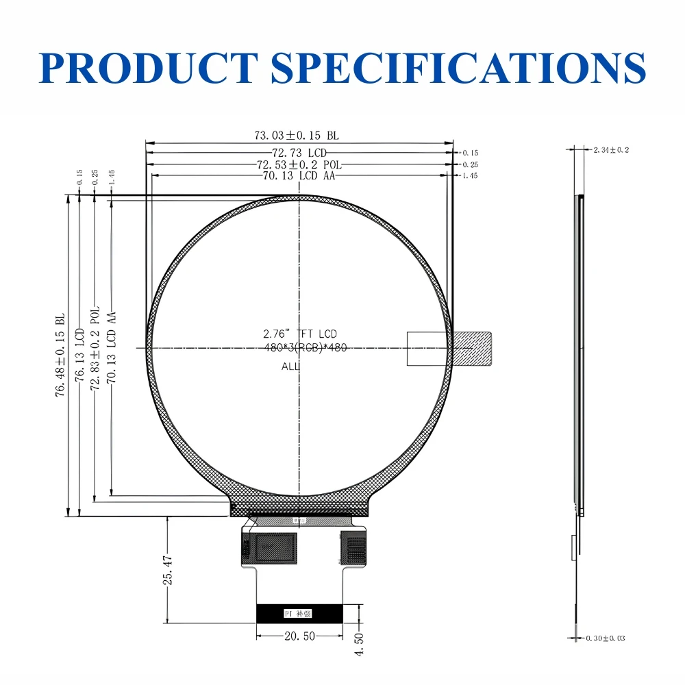 2.8 Inch TFT LCD Display Round Small Screen 480*480 IPS Full View RGB Interface LED Backlight MIPI Interface with Touch 40PIN