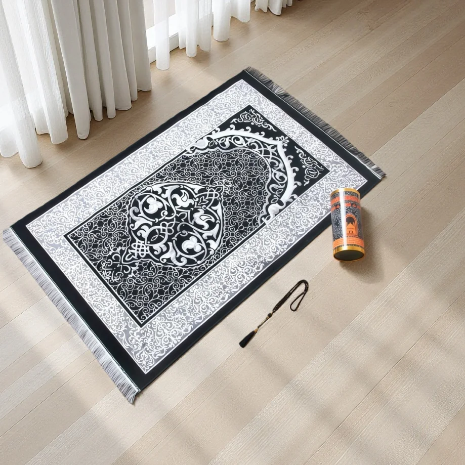 Light Luxury Flame Flower Barrel Prayer Mat, Extra Large & Thick, Dual-Use for Home and Travel, Muslim Worship Rug
