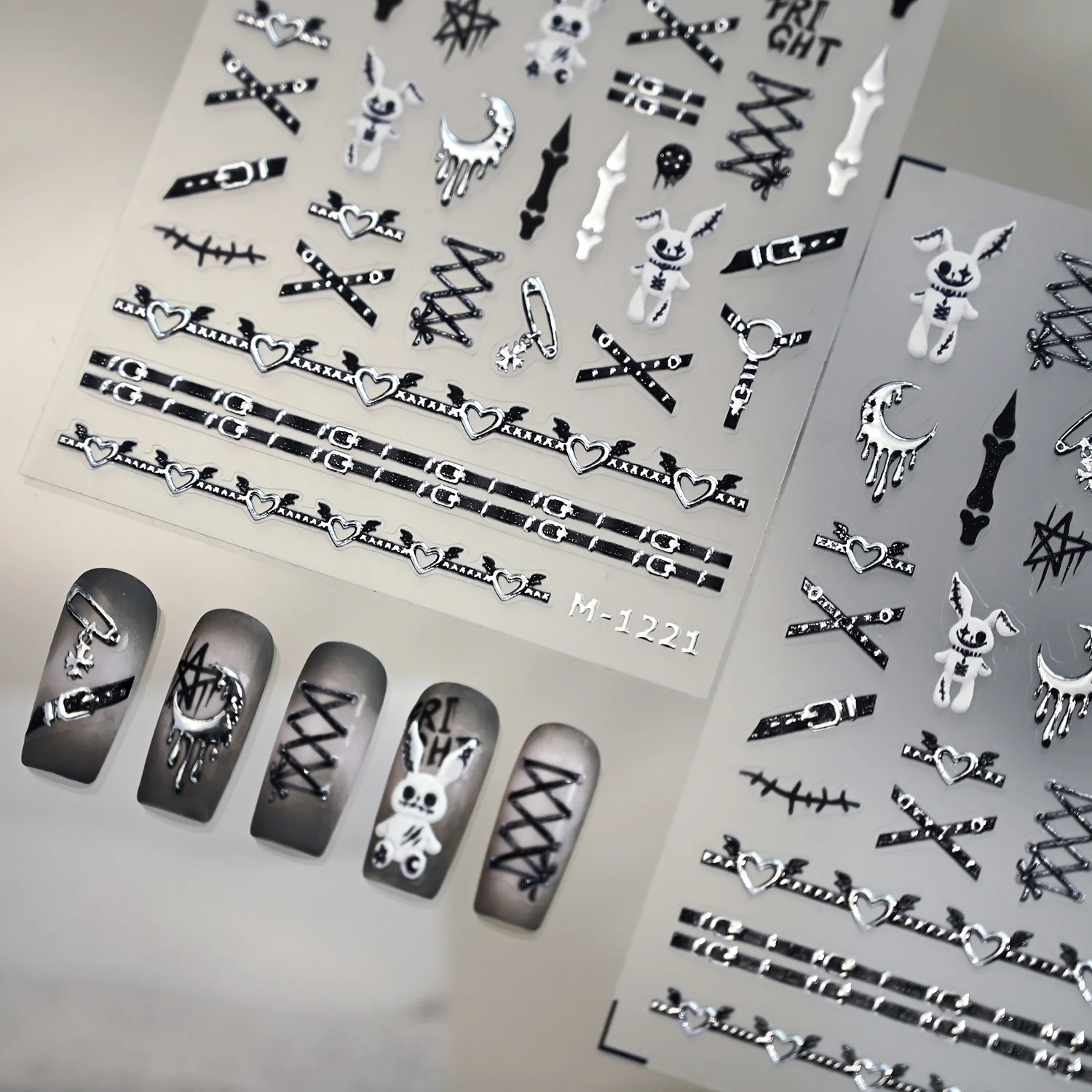 Halloween 5d metálico prata punk fivela cinto bandagem coelho anjo amor osso adesivo adesivos de unhas decalques manicure encantos escuros