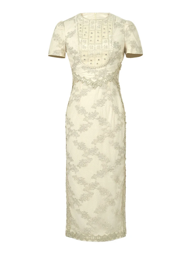 New Summer Fashion Lace ricamo abito da sera abbigliamento donna Casual elegante o-collo manica corta Slim Midi Party Prom Vestidos