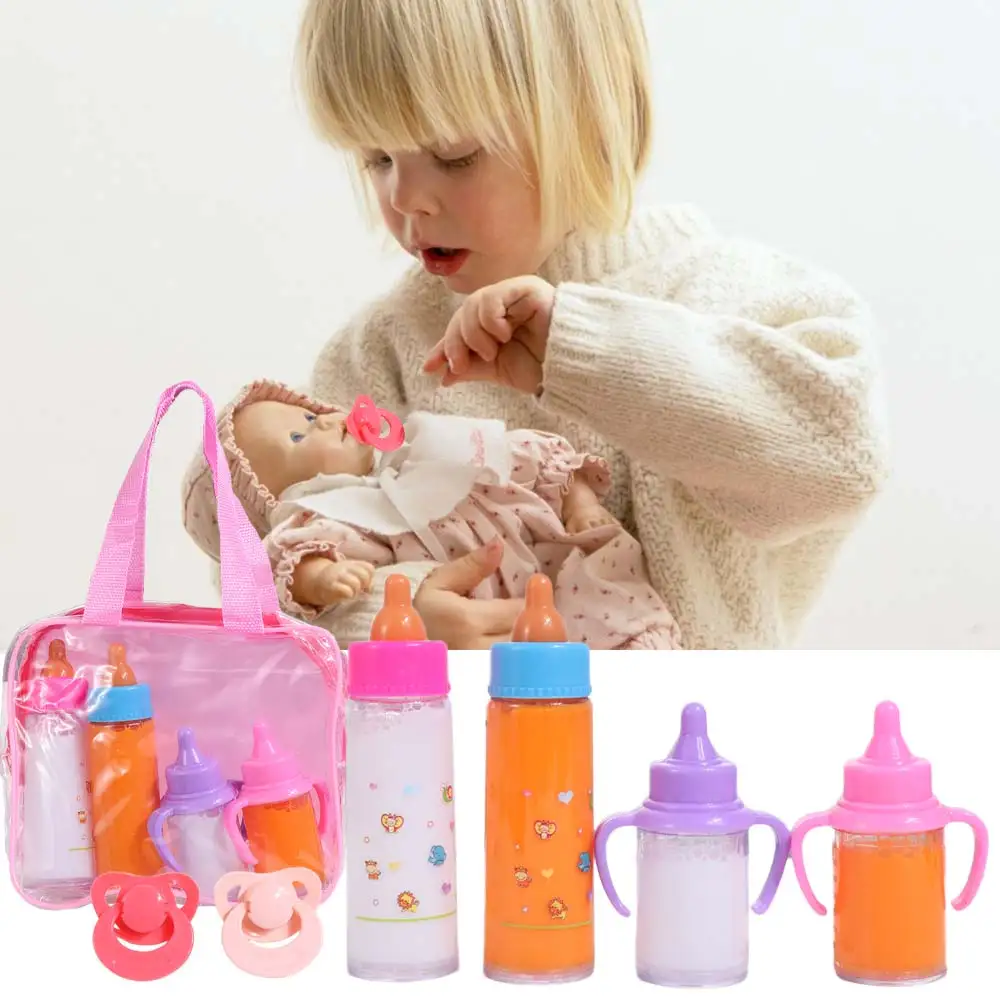Dollhouse Milk & Juice Bottles Feeding Set With Storage Bag Play House Baby Bottle Pacifier Pretend Plastic Feeding Bottle