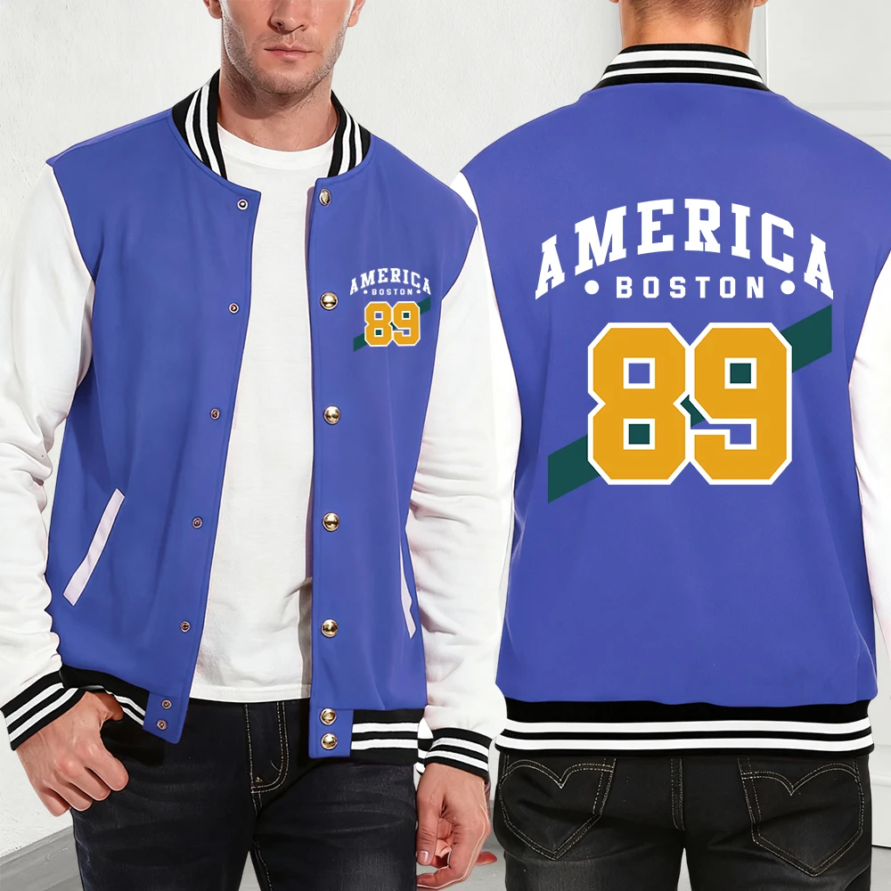 

America Boston 89 Printing Cotton Coats Mens Winter Fleece Warm Jackets Basics Pocket Baseball Jersey Hip Hop Men'S Streetwear