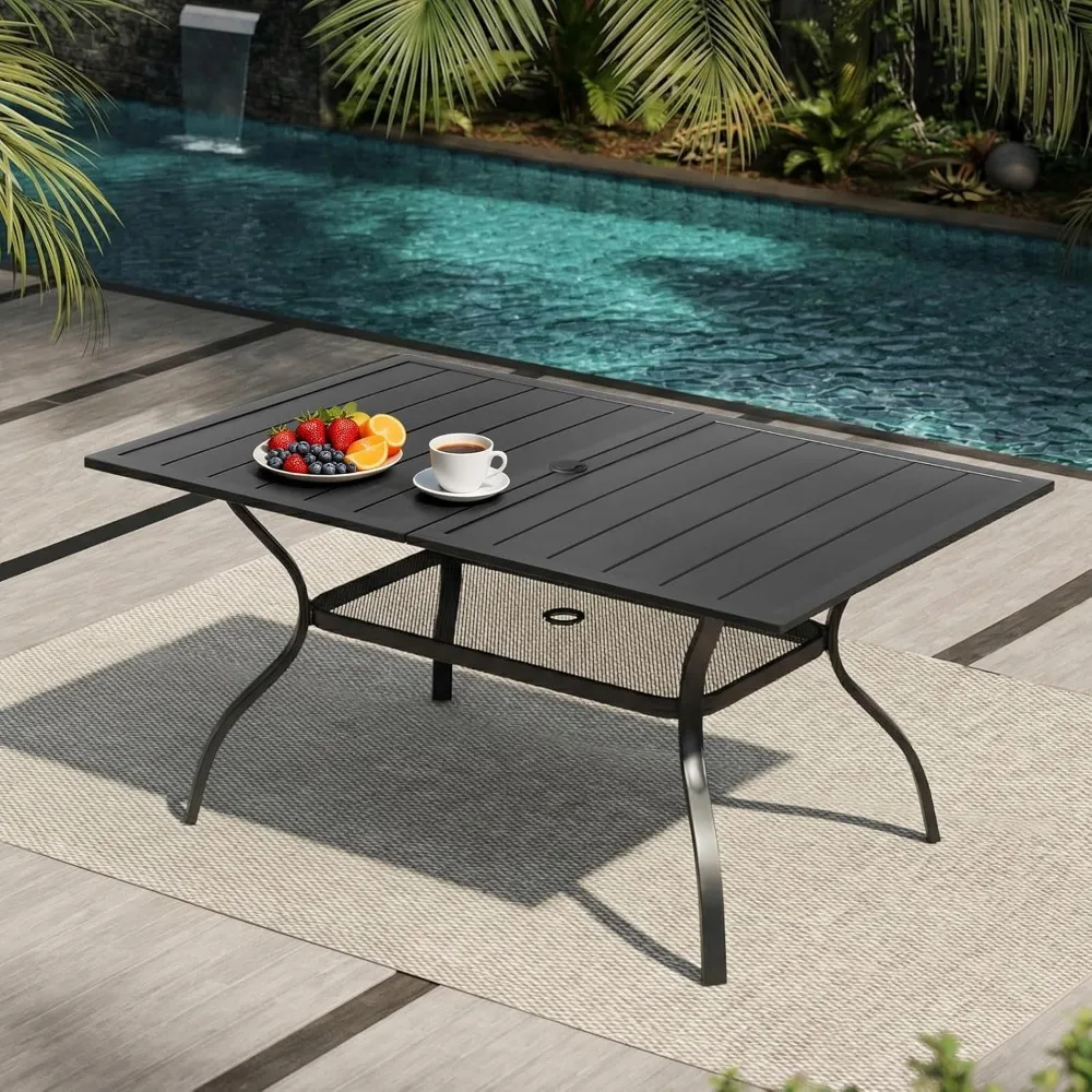 

59" Rectangle Patio Table for 6, Metal Outdoor Dining Table with Umbrella Hole, All-Weather Steel Patio Dining, Customized