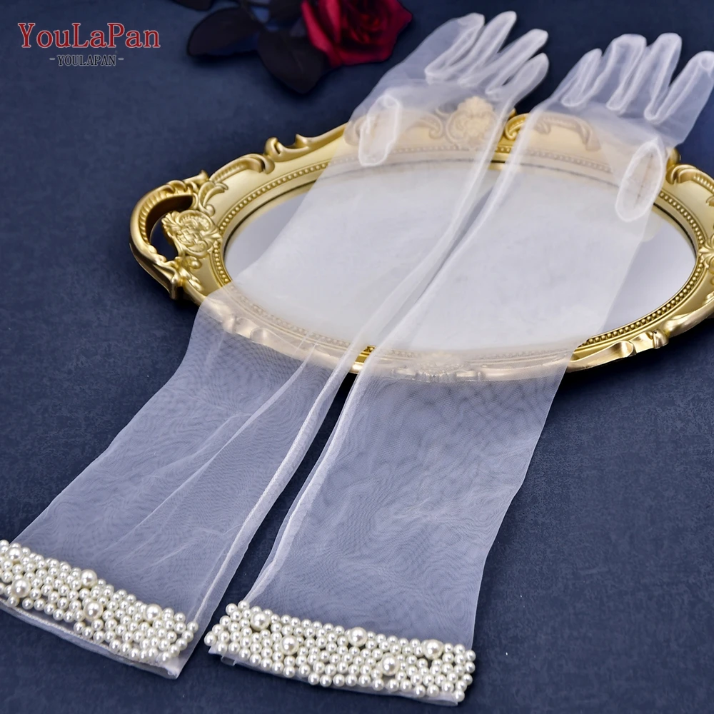 Youlapan VM01-A Perle Braut handschuhe 1 Paar Tüll Hochzeits handschuhe transparent lang über dem Ellbogen DIY Tüll Bachelorette Party