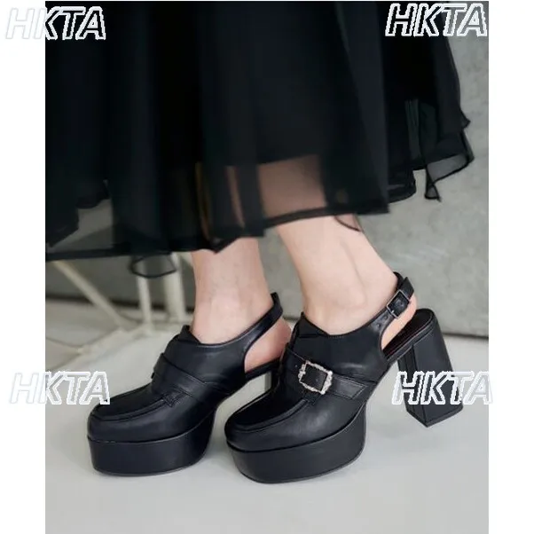 Japanese Retro High Heel Sandals Black Shoes Square Head Thick Heel Waterproof Table Rhinestone Heightening Platform Shoes Women