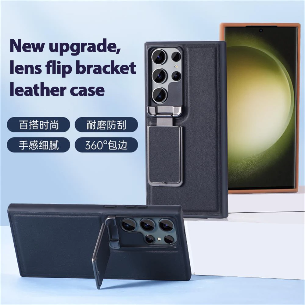 

For Samsung Galaxy S24 S23 Ultra Plus Case Luxury Leather with Flip Camera Lens Holder Shockproof Protectiver Cover Accessories
