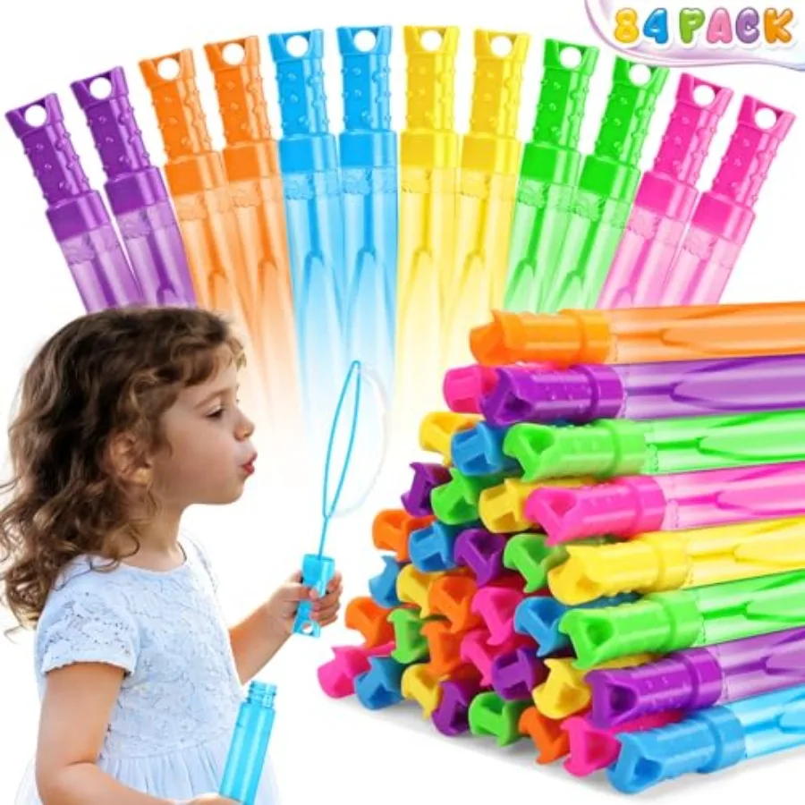 

Bubbles for,84Pcs 2OZ Bubble Wands Bulk in 6 Assorted Colors, Ideal for Kid Party Favors, Summer Toys, Indoor and Outdoor Activ