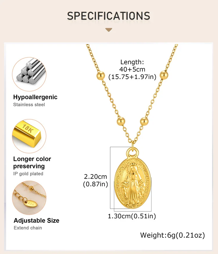 Halskette mit Jungfrau-Maria-Medaille, 18K Vergoldeter Edelstahl, Perlenketten-Stile für Katholisches Geschenk – Detail 2