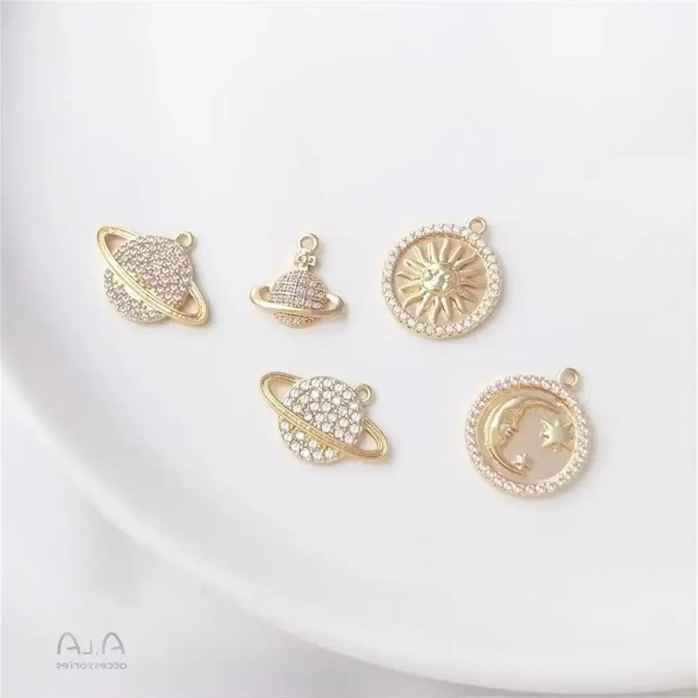 Micro Inlaid Zircon 14K Gold Wrapped Moon Sun Round Card Planet Galaxy Pendant DIY Necklace Earring Charm Pendant K457