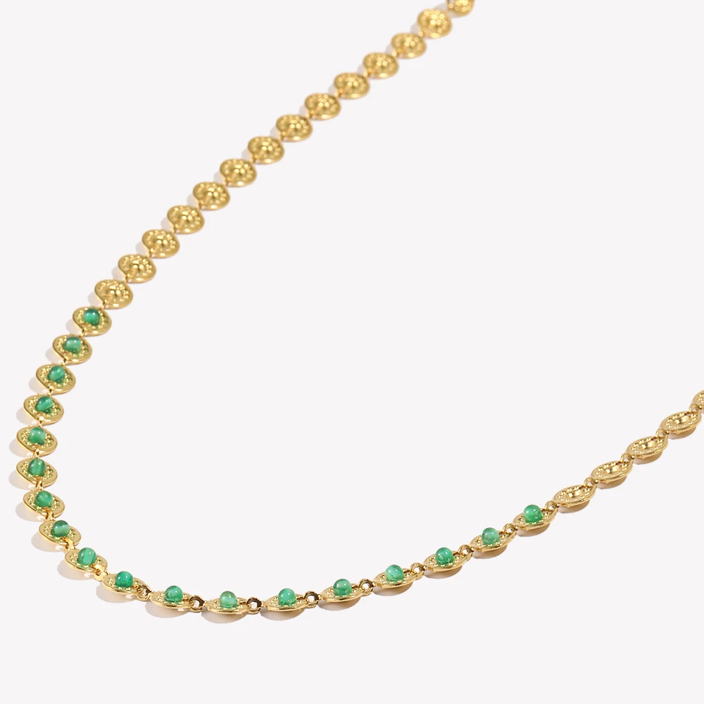 E.B.belle New Basic Round Half Green Stone Necklace PVD Plating Stainless Steel Fashionable Party Women Stacked Jewelry