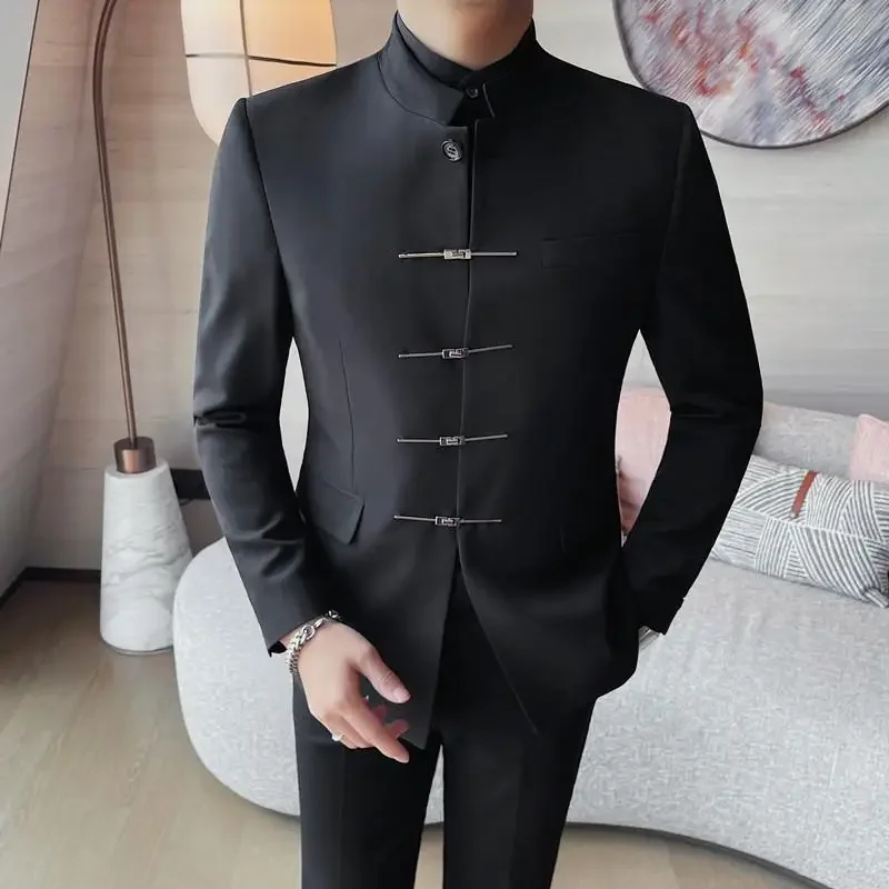 Chinese Style Stand Up Collar Suit Jacket for Men High Quality Mens Slim Fit Casual Social Wedding Dress Coat Men\'s Clothing