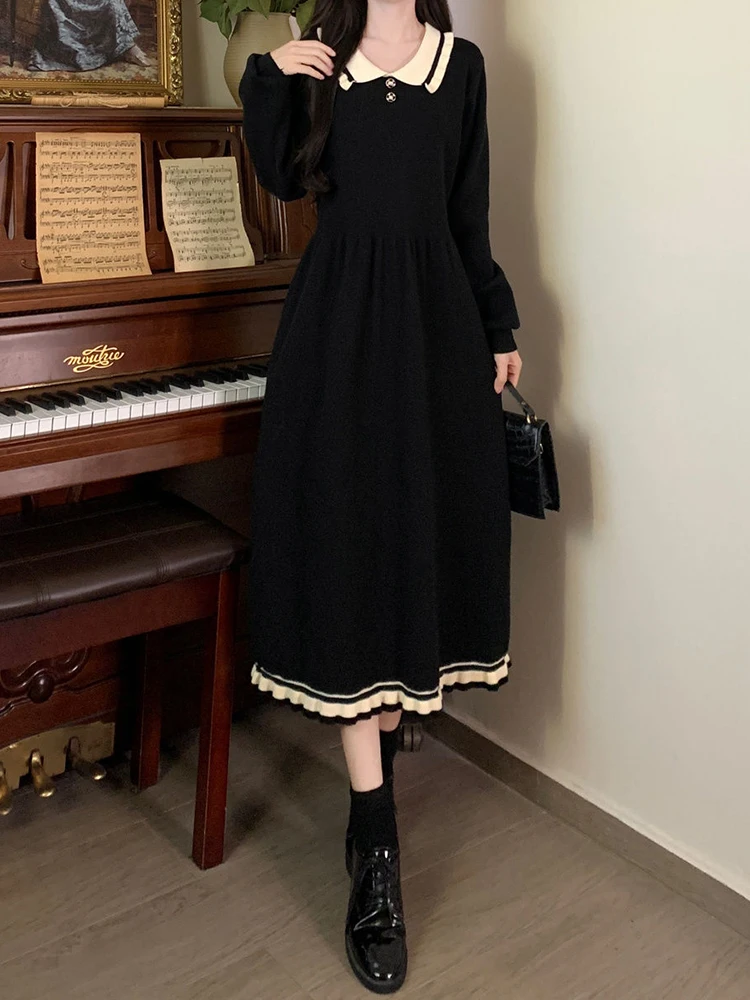 Polo Collar Patchwork Midi Knitted Dress Korean Straight Soft Sweater Vestidos Korean Chic Baggy 2 Buttons Knitwear Robes Mujer