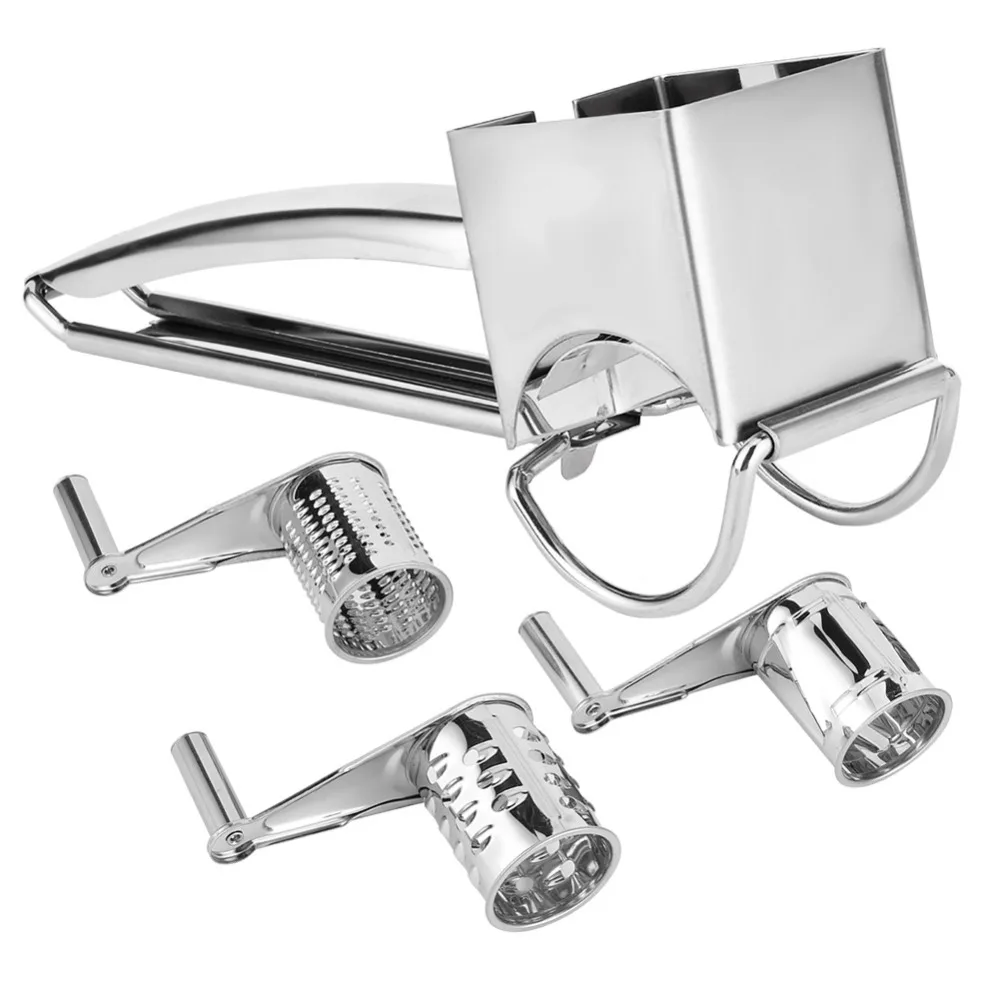 Stainless Steel Rotary Cheese Grater Silver 3 Interchanging Drum Blades Hand Crank Cheese Grater Multi-Function Rotatable