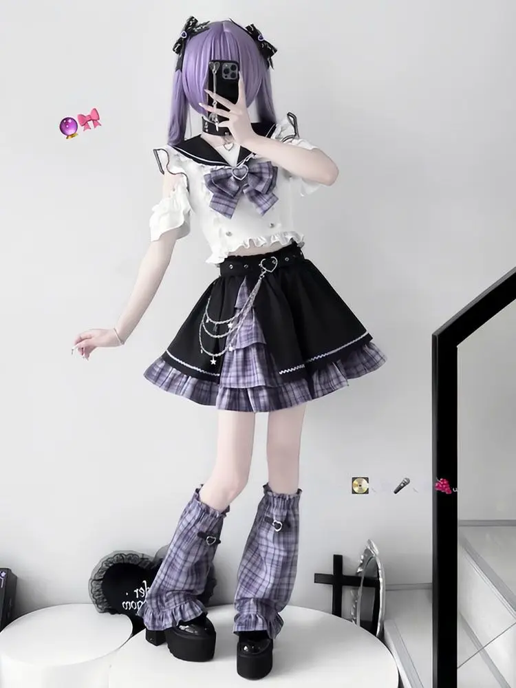 

Subculture Y2K Sailor Collar Dress Women Plaid Bow Ruffle Sleeve Chain Belt Plaid Ruffle Hem Alt Girl Streetwear Mini Dress