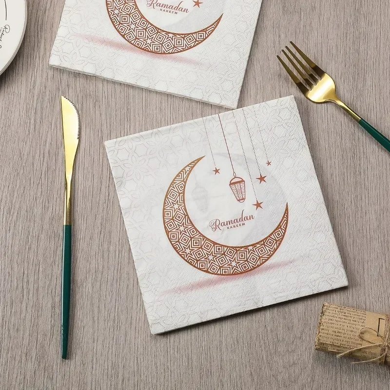 20 stks 33 cm 2-laags Gouden Maan Gedrukt Servetten Ramadan Festival Decoratief Papier Vlinder Bot Bart Papier Wijnglas bloem