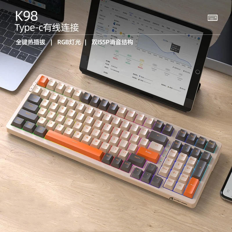 

Attack Shark K98 Wired Mechanical Keyboard 100 Keys Lamp Effect Hot Swap Abs Keycaps Rgb Game Keyboardwith Detachable Metal