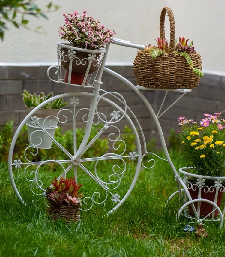 Modern European Wrought Iron Bicycle Flower Stand Small Green Rose Fleshy Creative Outdoor Garden Balcony Home