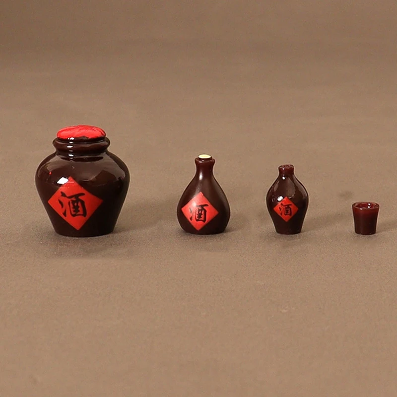 1Set 1:12 Dollhouse Miniature Wine Jar Retro Chinese Wine Jar Wine Cup Model Kitchen Decor Toy Doll House Accessories